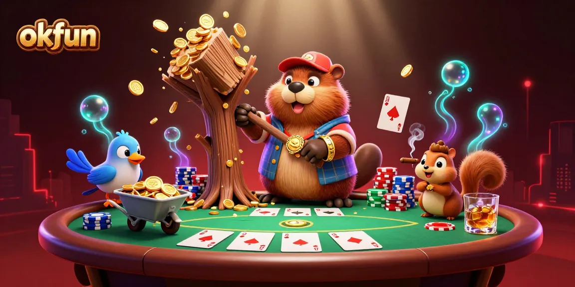 Experience excitement at okfun with a cartoon beaver and friends among poker chips and coins.