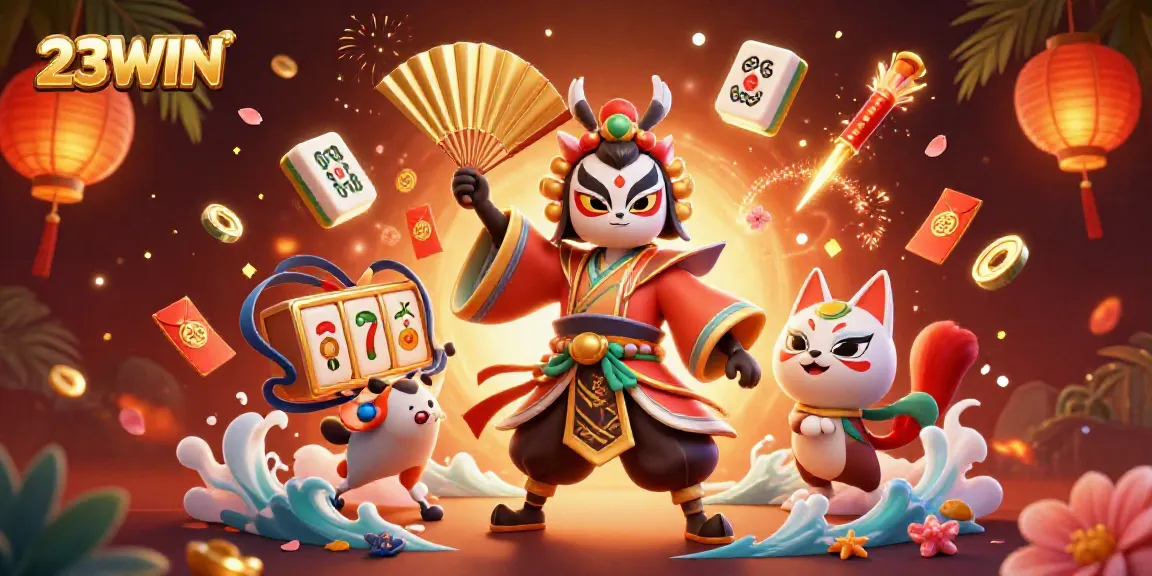Experience the thrill of 23WIN with a vibrant 3D casino scene featuring dynamic characters and casino elements.