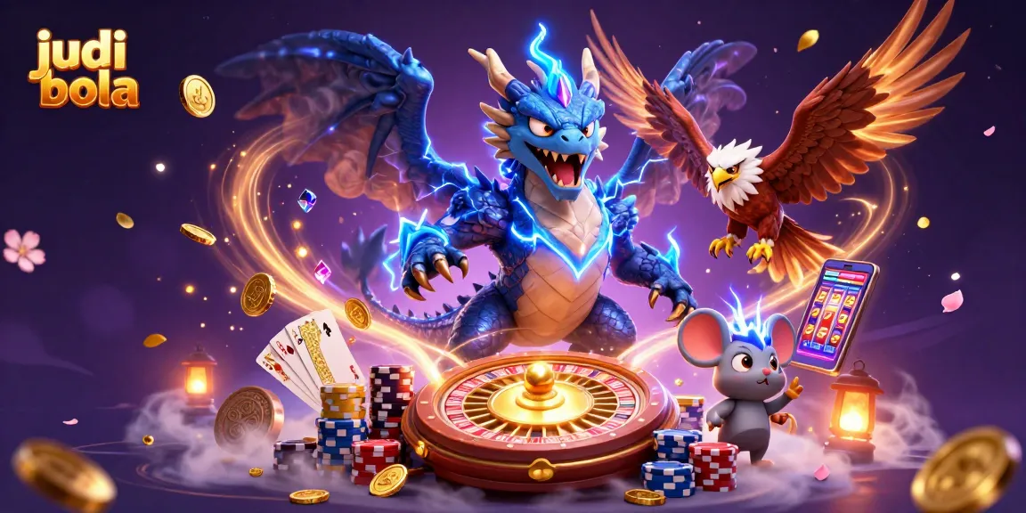 Experience judi bola excitement with a dynamic 3D dragon and glowing characters amidst thrilling casino elements.