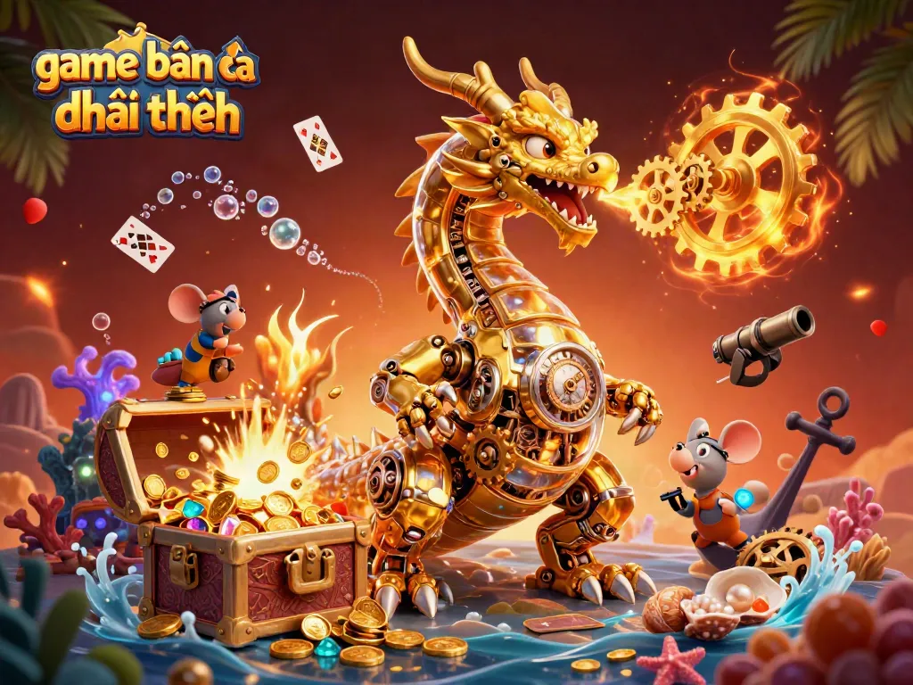 Engage in the dynamic world of game bắn cá đổi thưởng with vibrant underwater elements and a golden dragon.