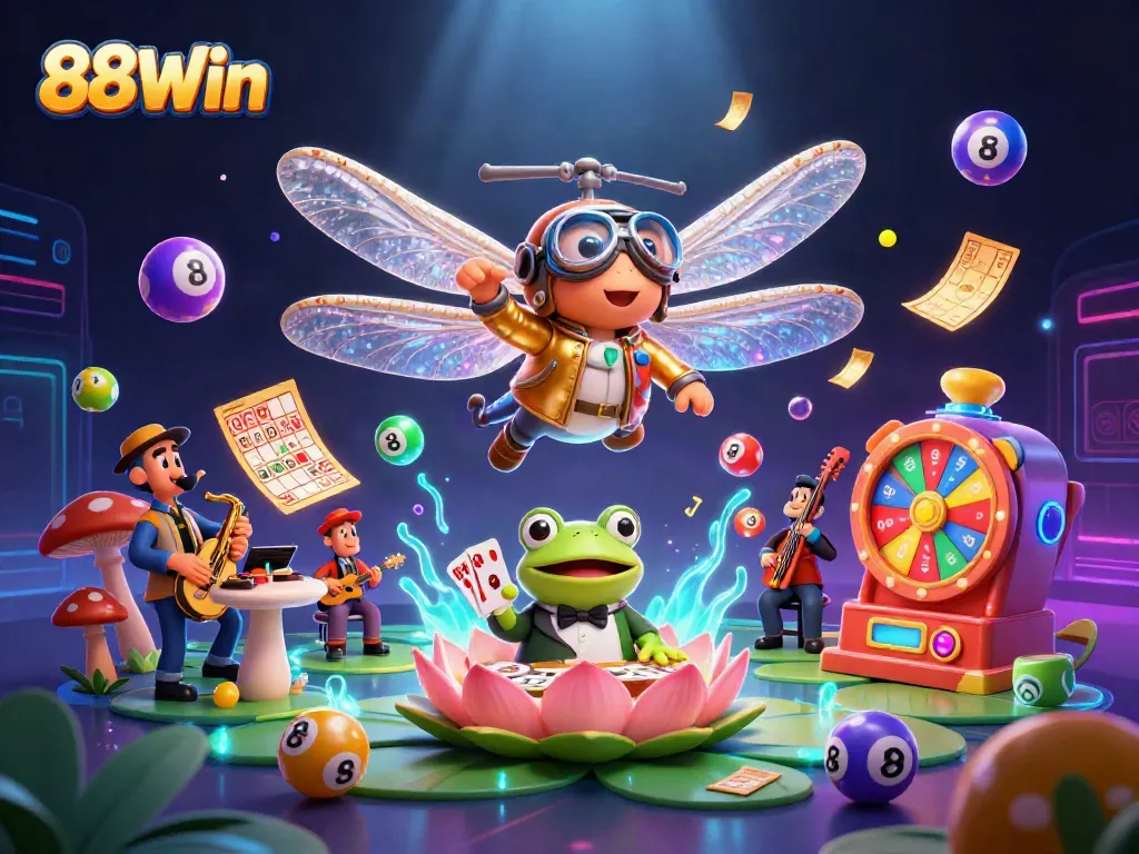 Engage with thrilling games and offers at 88Win's vibrant card-dealing scene featuring lively characters.