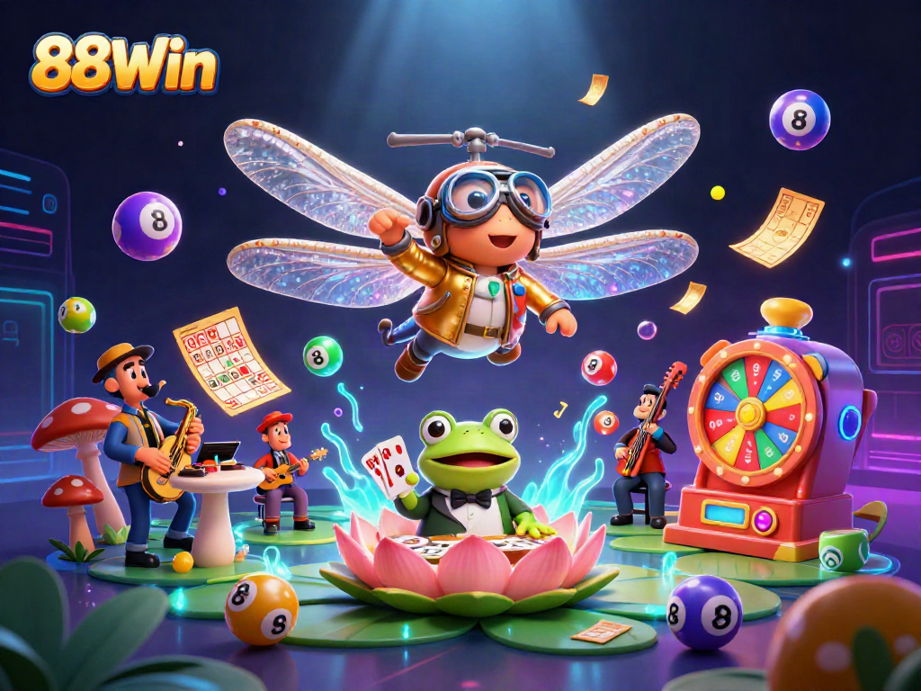 Engage with thrilling games and offers at 88Win's vibrant card-dealing scene featuring lively characters.