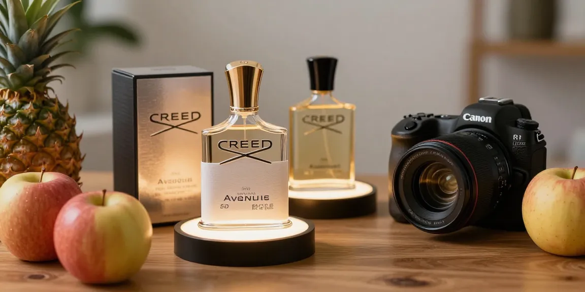 Creed Aventus luxury fragrance display featuring elegant bottle and fresh fruits.