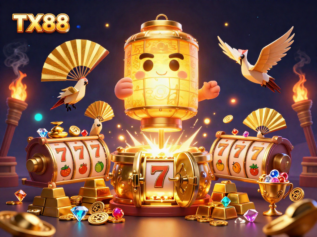 TX88 illuminates a lively casino scene with vibrant slot reels and golden elements.