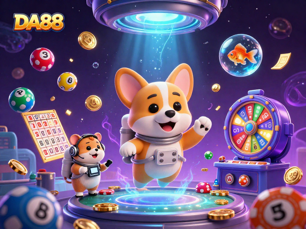 Engage with DA88 in a vibrant cosmic casino scene with floating poker chips and lively characters.