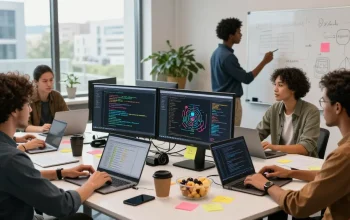 Collaborative workspace featuring developers using AI tools 2026 in a dynamic team setting.